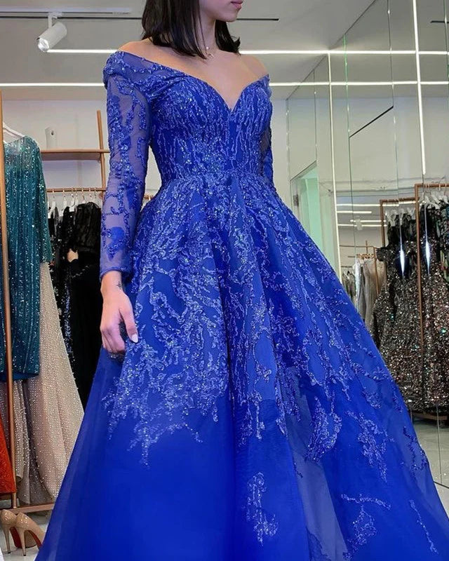 A-line Appliques Long Sleeves Tulle Prom Dresses